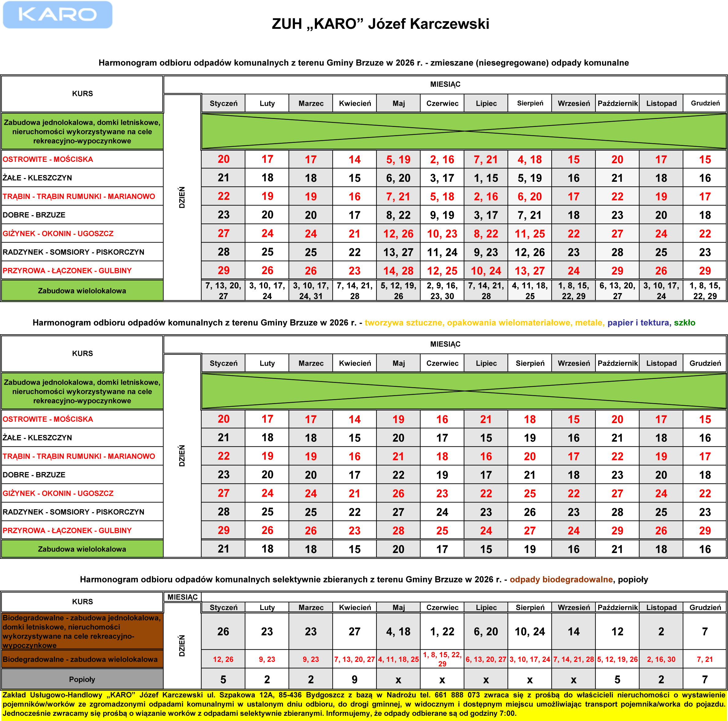 Harmonogram Brzuze 2026
